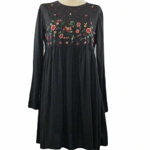 Baby doll style long sleeve boho dress with embroidery